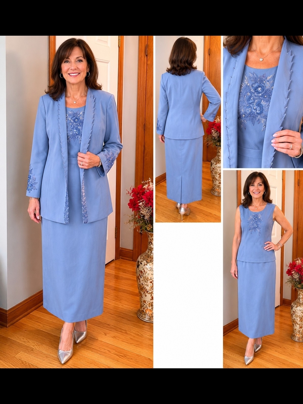 Light Blue Embroidered Maxi Skirt Suit for Women Size 12 Formal Business Casual